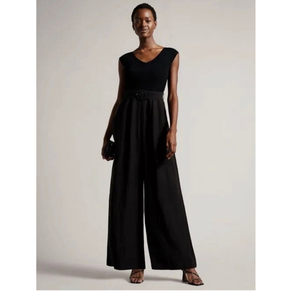 TED BAKER Tabbiaa Off The Shoulder Linen Blend Wide‎ Leg Jumpsuit Size 6 XL/14